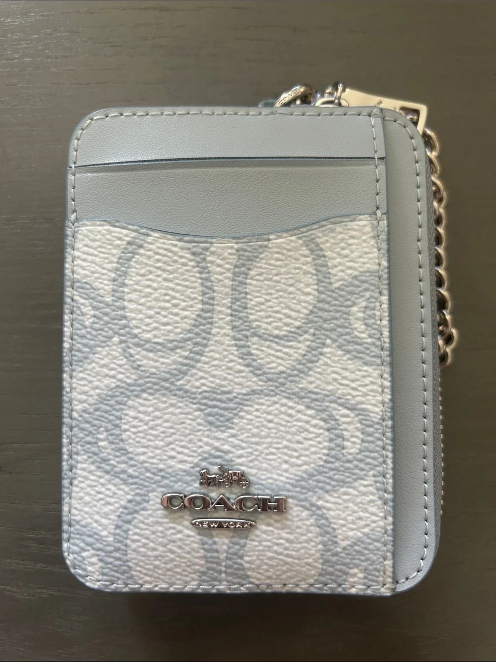 Coach Pale Blue Signature Card Case with Silver Hardware